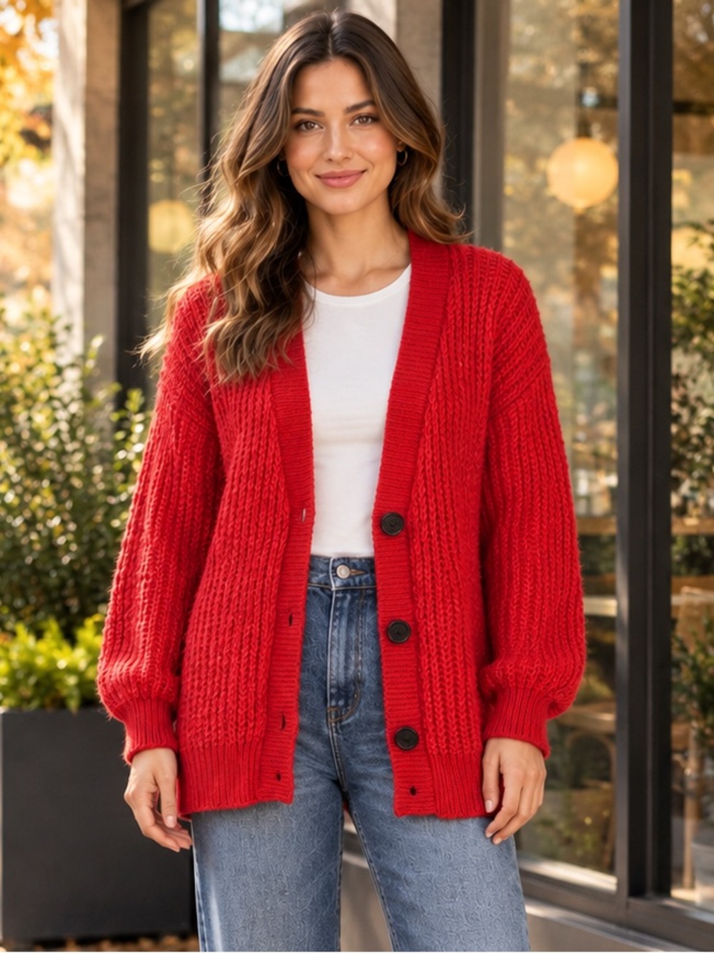 Chunky Red Cardigan Sweater Oversized Button Front Knit Medium